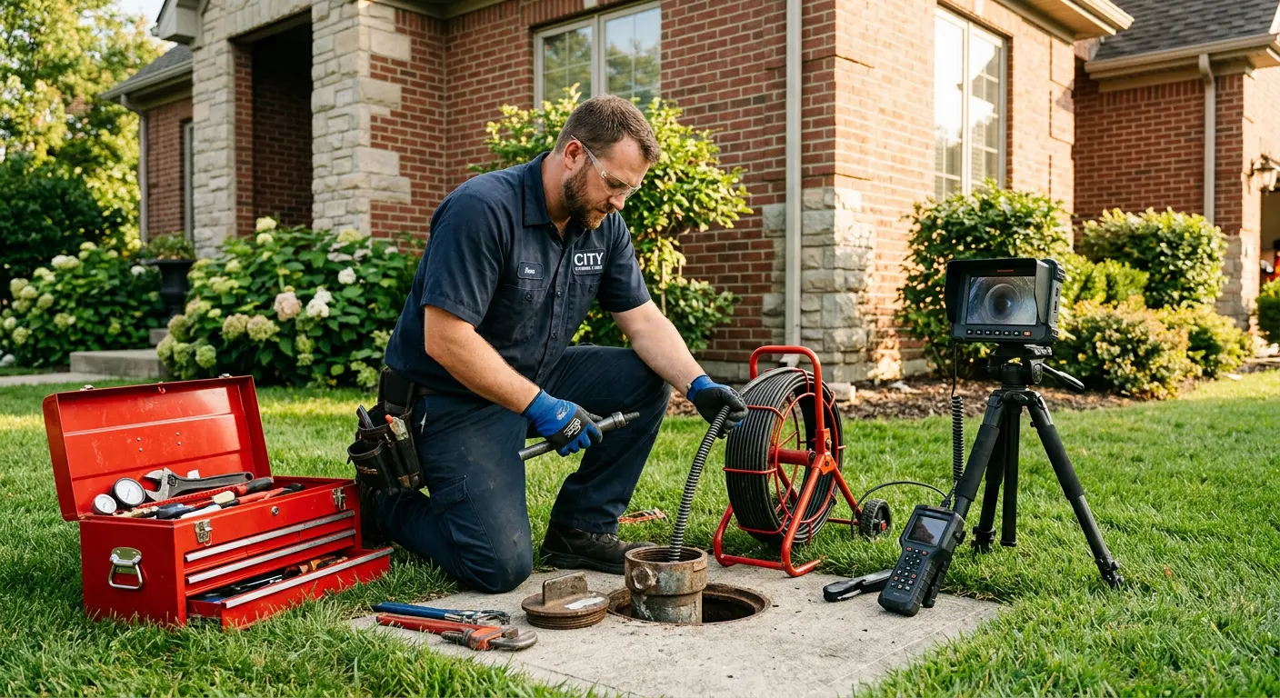 Sewer specialist with camera equipment servicing a cleanout in Highland