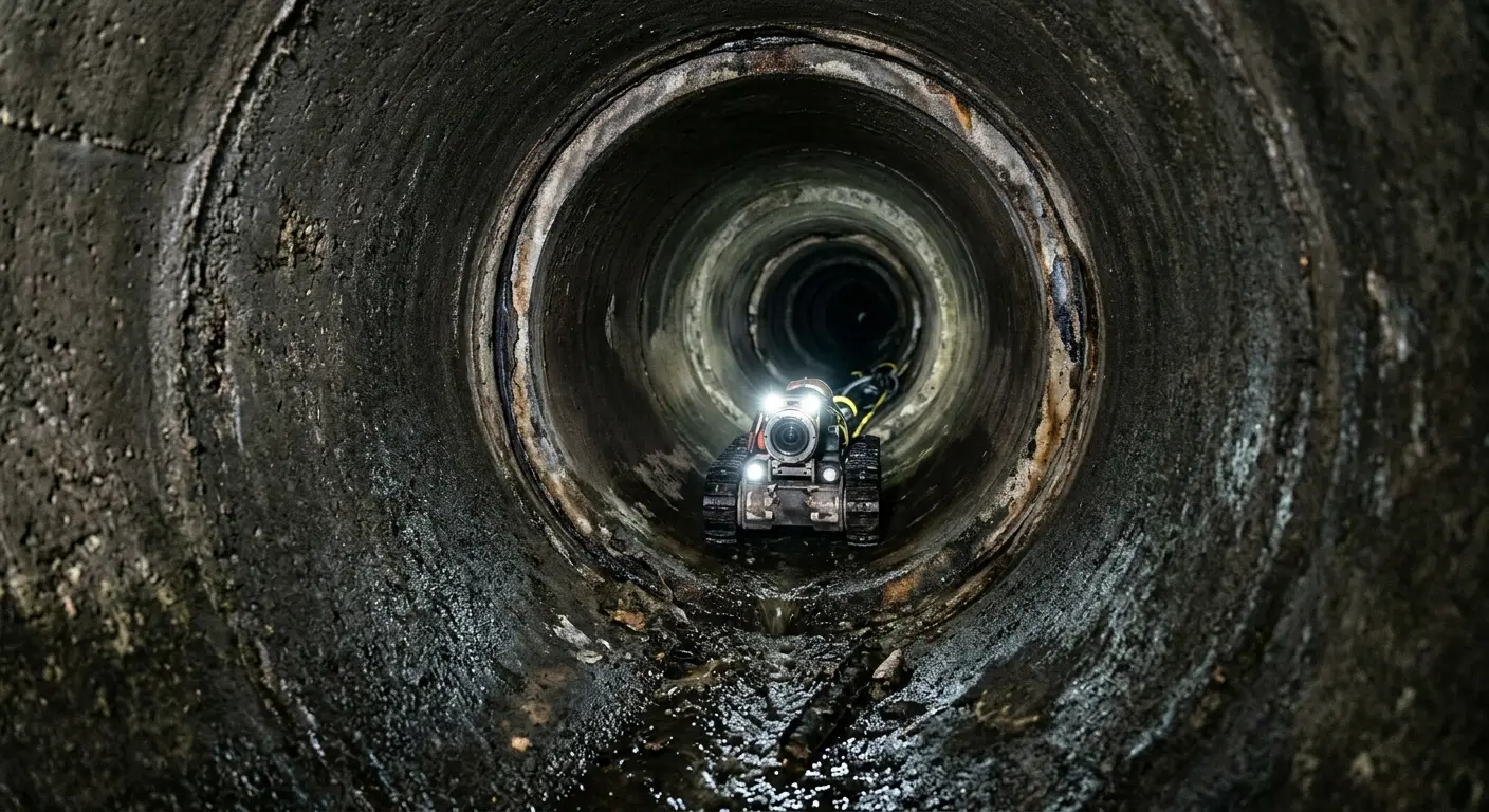 Robotic sewer camera inspecting pipe interior for Sewer Line Cleaning in Highland