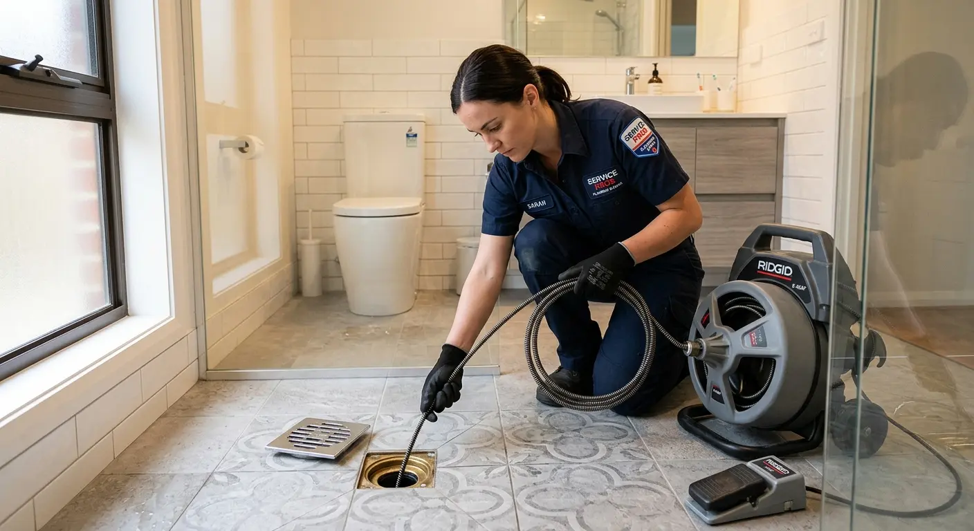 Technician clearing a bathroom floor drain for Sewer Line Installation in Highland